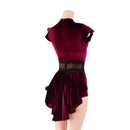 Burgundy Velvet Romper with Inset Mesh Keyhole Neckline and Mini Tux Back Tails - Coquetry Clothing