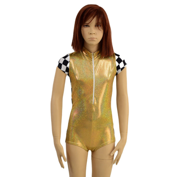 Kids Gold Taxi Romper with Checkered Trim and Zipper Front - Coquetry Clothing