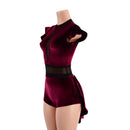 Burgundy Velvet Romper with Inset Mesh Keyhole Neckline and Mini Tux Back Tails - Coquetry Clothing