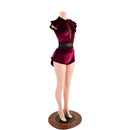Burgundy Velvet Romper with Inset Mesh Keyhole Neckline and Mini Tux Back Tails - Coquetry Clothing