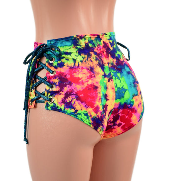 Acid Splash High Waist Siren Shorts with Ocean Sparkle Hip Laceups - Coquetry Clothing