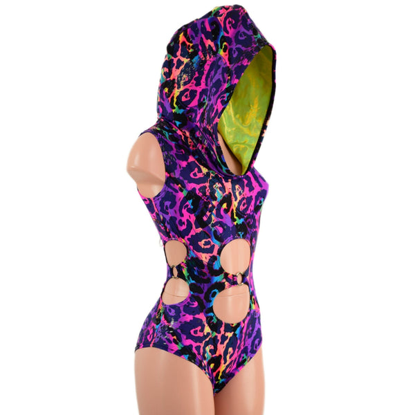 Rainbow Leopard Hooded O-Ring Romper with Siren Cut Leg - 5
