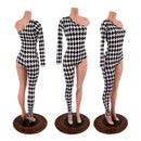 Asymmetrical Black and White Diamond Print Catsuit - Coquetry Clothing