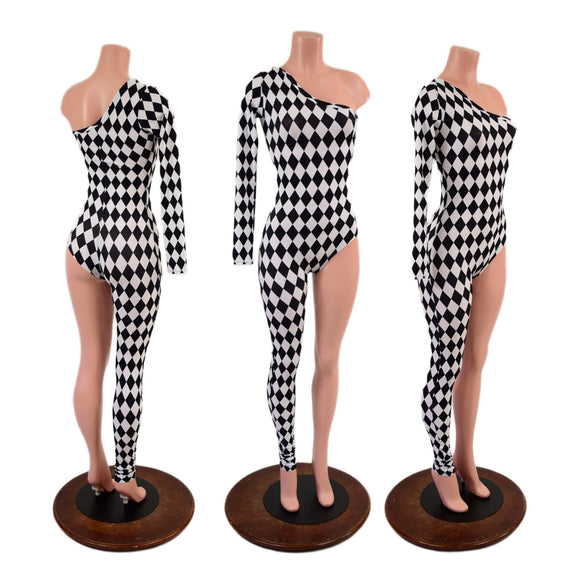 Asymmetrical Black and White Diamond Print Catsuit - Coquetry Clothing