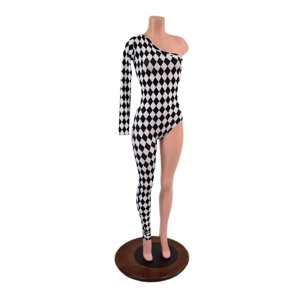 Asymmetrical Black and White Diamond Print Catsuit - Coquetry Clothing