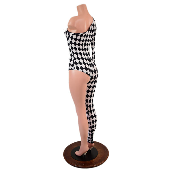 Asymmetrical Black and White Diamond Print Catsuit - Coquetry Clothing