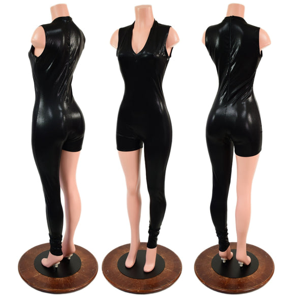 Asymmetrical Black Mystique Catsuit Set with Grape Holo Victoria Sleeve Bolero - Coquetry Clothing