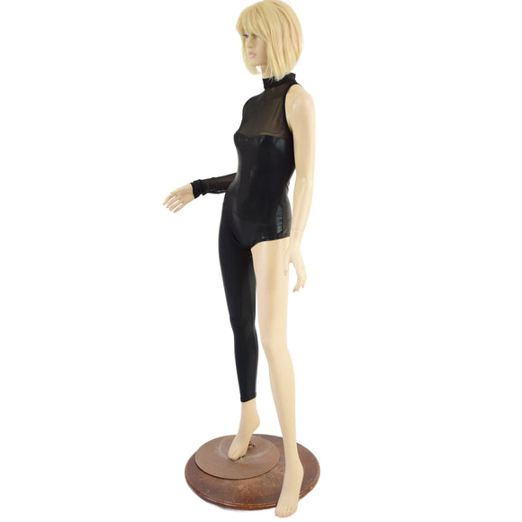 Asymmetrical Black Mystique Catsuit with Mesh Neckline - Coquetry Clothing