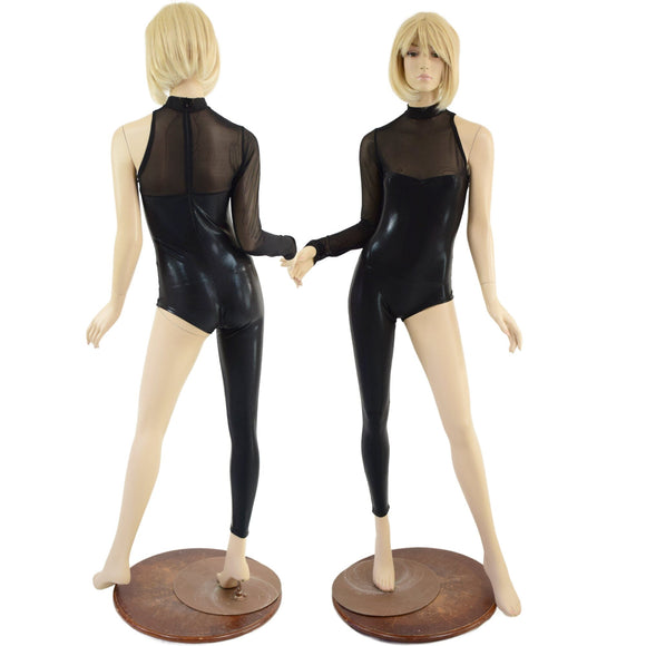Asymmetrical Black Mystique Catsuit with Mesh Neckline - Coquetry Clothing