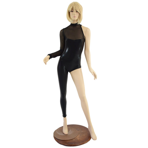 Asymmetrical Black Mystique Catsuit with Mesh Neckline - Coquetry Clothing