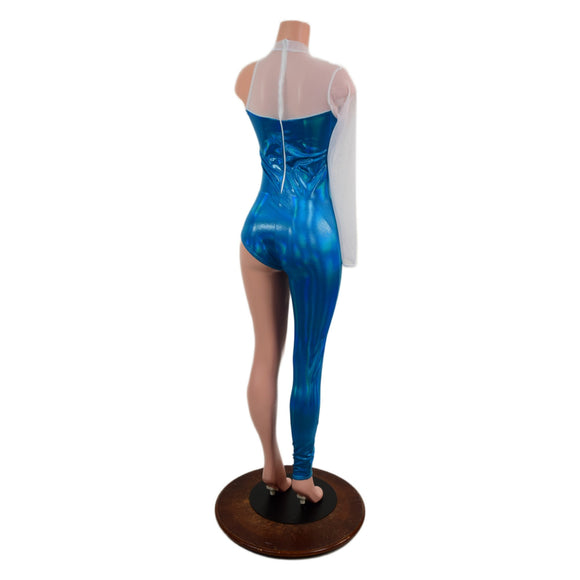 Asymmetrical Blue and White Catsuit with Mesh Neckline - Coquetry Clothing