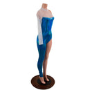 Asymmetrical Blue and White Catsuit with Mesh Neckline - Coquetry Clothing