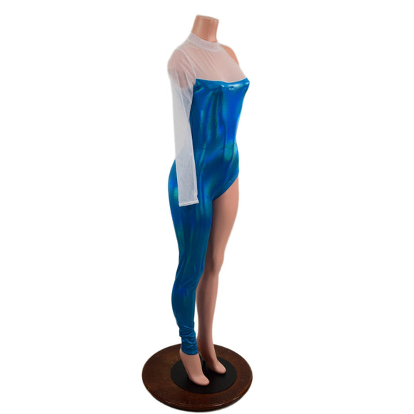 Asymmetrical Blue and White Catsuit with Mesh Neckline - Coquetry Clothing