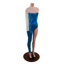 Asymmetrical Blue and White Catsuit with Mesh Neckline - Coquetry Clothing
