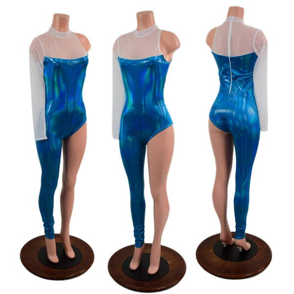 Asymmetrical Blue and White Catsuit with Mesh Neckline - 1