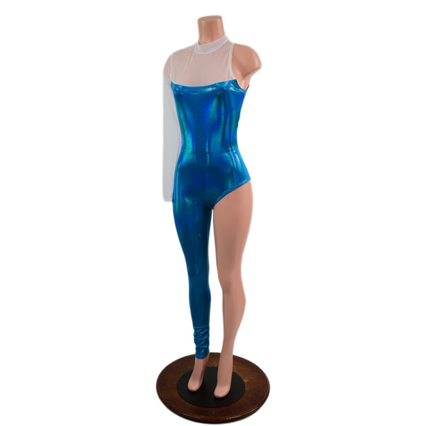 Asymmetrical Blue and White Catsuit with Mesh Neckline - 6