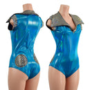 Peacock Holographic Siren Cut Romper, Disco Collar, and Discoball Applique - Coquetry Clothing