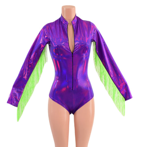 Grape Holographic Stella Romper with Long Sleeves, Neon Green Fringe & Siren Cut Leg - Coquetry Clothing