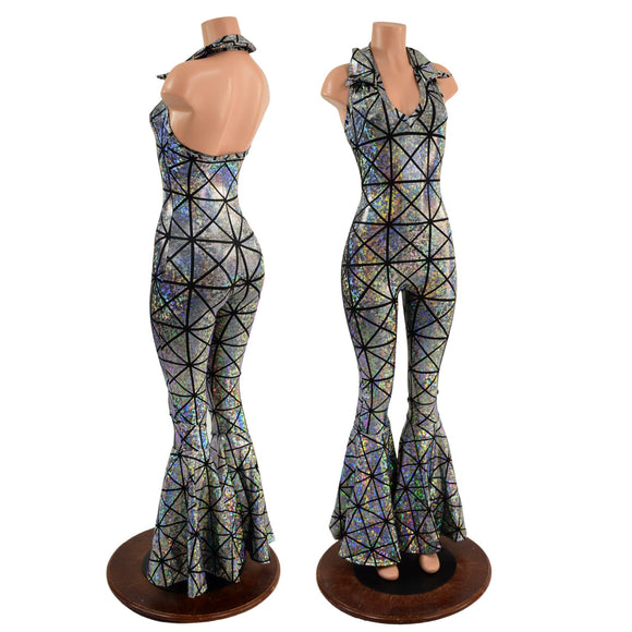 Backless Bell Bottom Catsuit with V Neck and Demi Collar - Coquetry Clothing