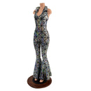 Backless Bell Bottom Catsuit with V Neck and Demi Collar - Coquetry Clothing