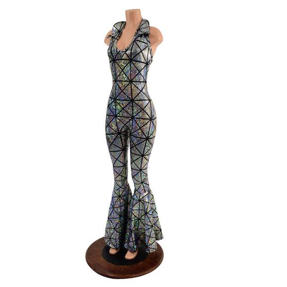 Backless Bell Bottom Catsuit with V Neck and Demi Collar - Coquetry Clothing