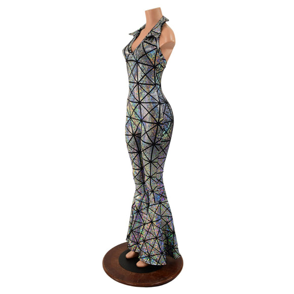 Backless Bell Bottom Catsuit with V Neck and Demi Collar - Coquetry Clothing