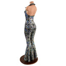 Backless Bell Bottom Catsuit with V Neck and Demi Collar - Coquetry Clothing