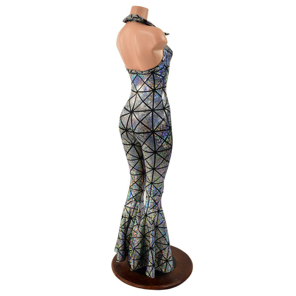 Backless Bell Bottom Catsuit with V Neck and Demi Collar - Coquetry Clothing