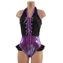 Backless Bella Romper with Laceup, Brazilian Cut Leg and Hip Ruffles - Coquetry Clothing