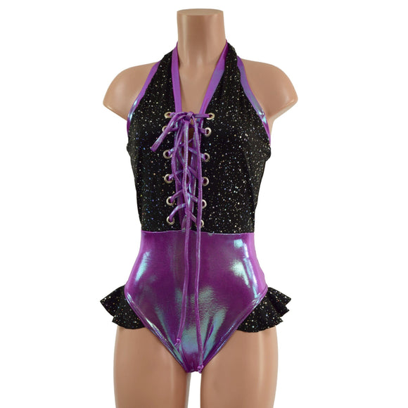 Backless Bella Romper with Laceup, Brazilian Cut Leg and Hip Ruffles - Coquetry Clothing