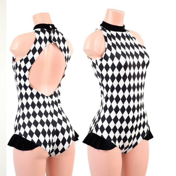 Backless Diamond Print Roper with Hip Ruffles - Coquetry Clothing