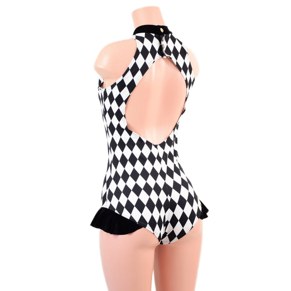 Backless Diamond Print Roper with Hip Ruffles - Coquetry Clothing