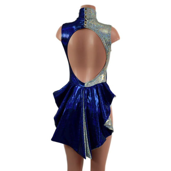 Backless Frostbite and Blue Color Blocked Romper with Mini Tux Tails - Coquetry Clothing