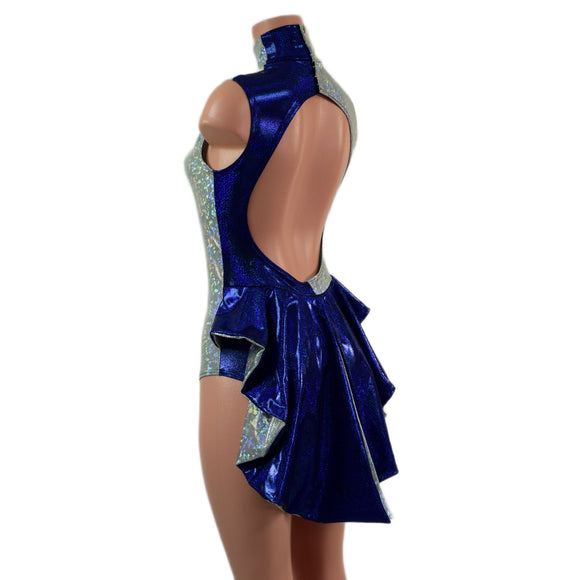 Backless Frostbite and Blue Color Blocked Romper with Mini Tux Tails - Coquetry Clothing