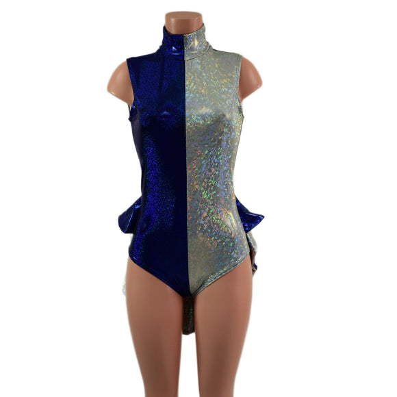 Backless Frostbite and Blue Color Blocked Romper with Mini Tux Tails - Coquetry Clothing