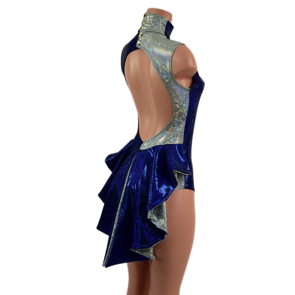 Backless Frostbite and Blue Color Blocked Romper with Mini Tux Tails - Coquetry Clothing