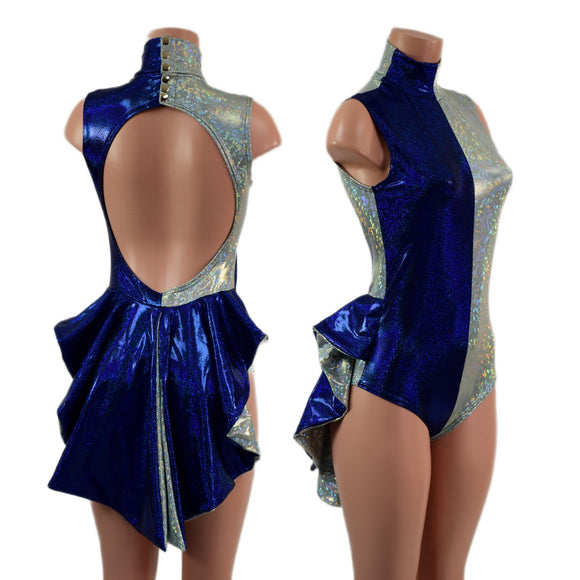 Backless Frostbite and Blue Color Blocked Romper with Mini Tux Tails - Coquetry Clothing