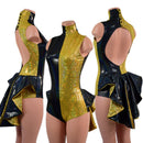 Backless Gold and Black Color Blocked Romper with Mini Tux Tails - Coquetry Clothing