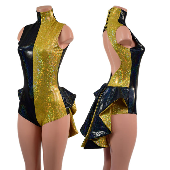 Backless Gold and Black Color Blocked Romper with Mini Tux Tails - Coquetry Clothing