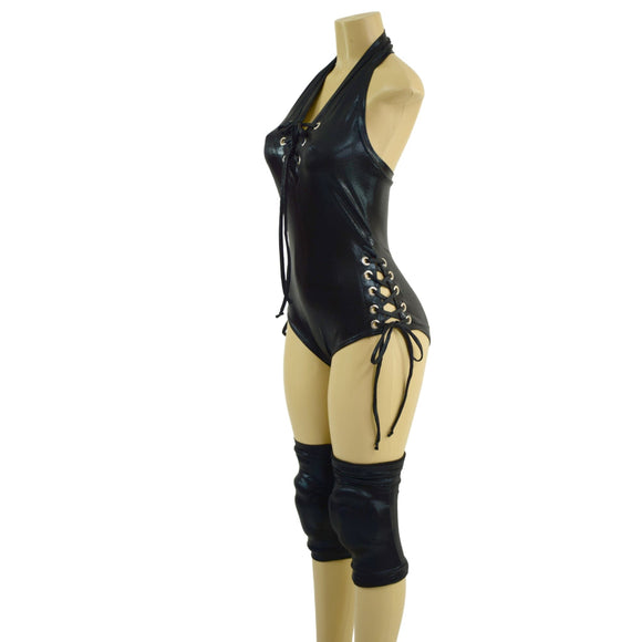 Backless Halter Style Lace Up Romper and Knee Pad Covers Set - Coquetry Clothing