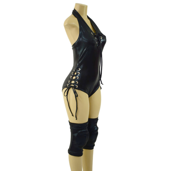 Backless Halter Style Lace Up Romper and Knee Pad Covers Set - Coquetry Clothing
