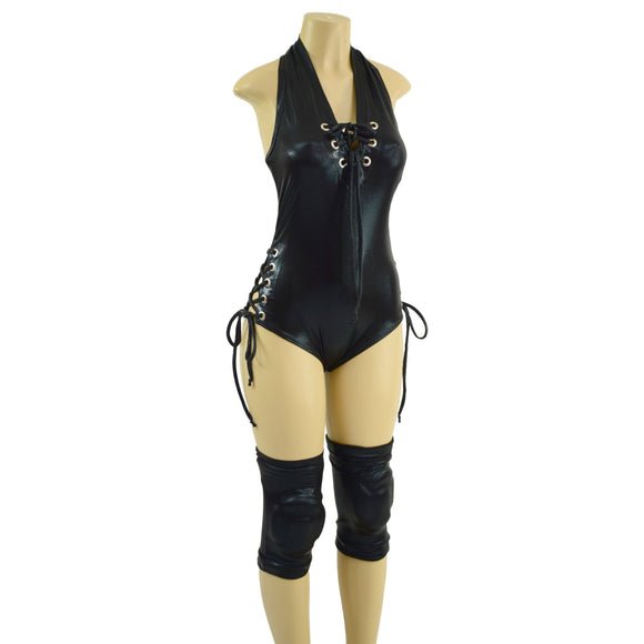 Backless Halter Style Lace Up Romper and Knee Pad Covers Set - Coquetry Clothing