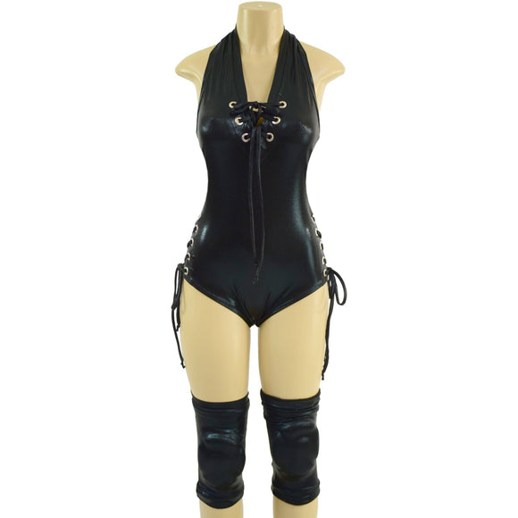 Backless Halter Style Lace Up Romper and Knee Pad Covers Set - Coquetry Clothing