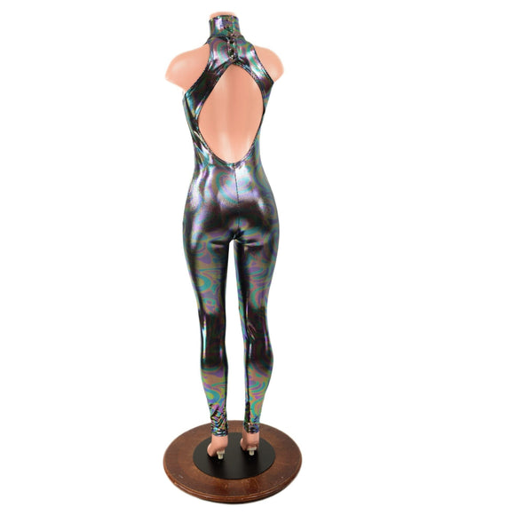 Backless Oil Slick Catsuit with Snap Back Turtleneck - Coquetry Clothing