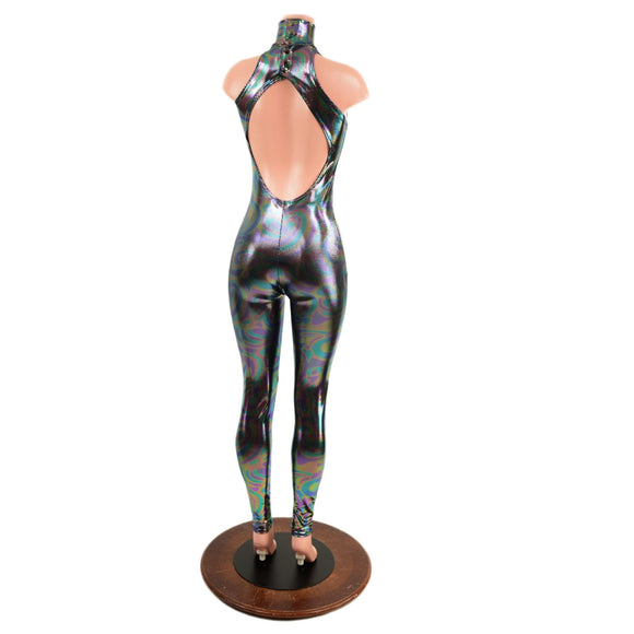 Backless Oil Slick Catsuit with Snap Back Turtleneck - Coquetry Clothing