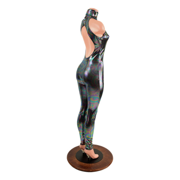 Backless Oil Slick Catsuit with Snap Back Turtleneck - Coquetry Clothing