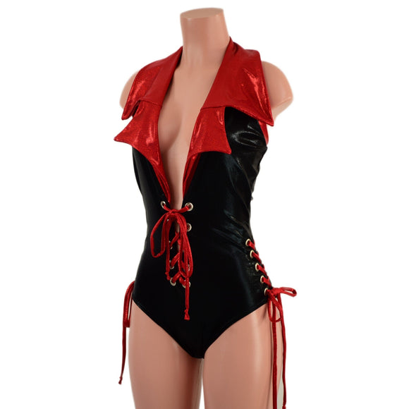 Backless Plunging Romper with Triple Laceup and Showtime Collar - Coquetry Clothing