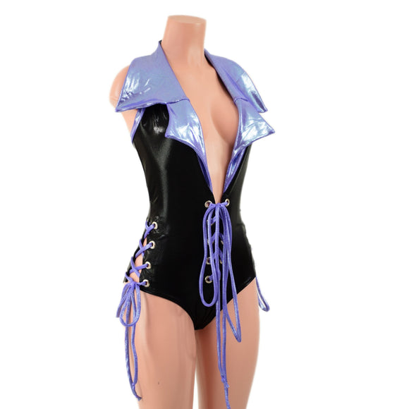Backless Plunging Romper with Triple Laceup and Showtime Collar - Coquetry Clothing