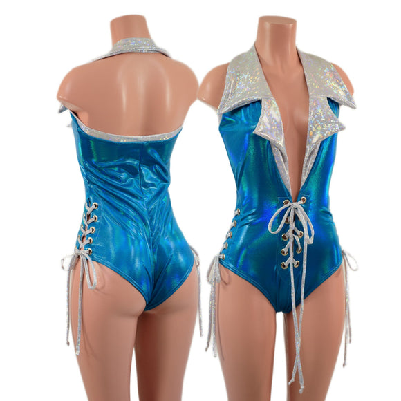 Backless Plunging Romper with Triple Laceup and Showtime Collar - Coquetry Clothing
