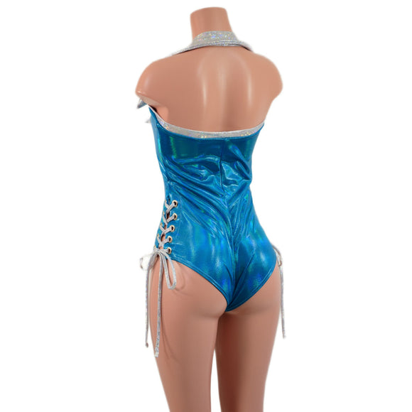Backless Plunging Romper with Triple Laceup and Showtime Collar - Coquetry Clothing